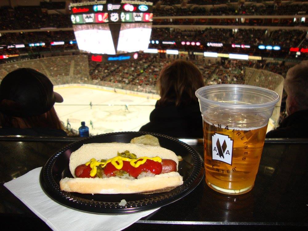 Ice hockey snacks; hot dog and a beer!