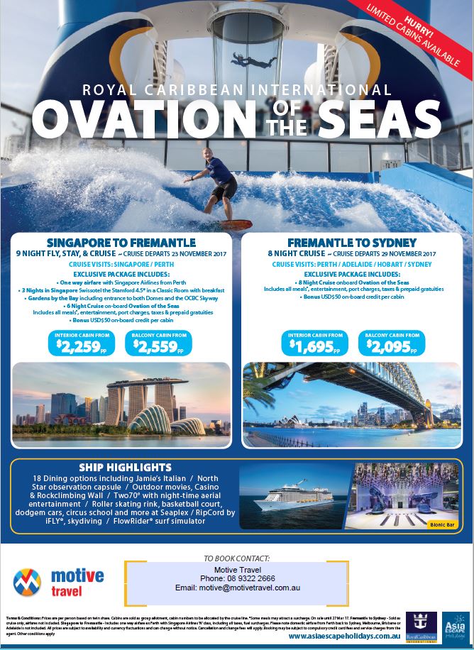 Ovation of the Seas Exclusive Cruise packages 19Mar17