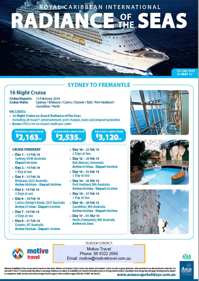Asia Escape Holidays Radiance of the Seas Sydney to Fremantle 13Feb18
