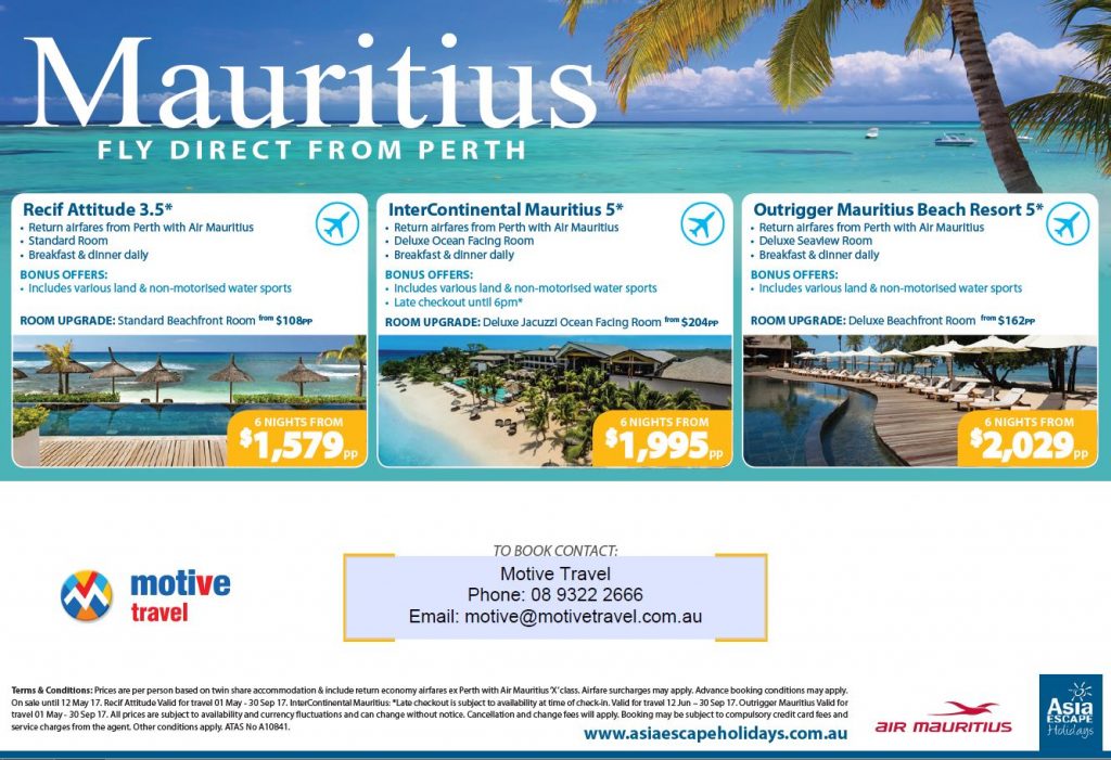 Asia Escape Holidays Mauritius from Perth Special May'17