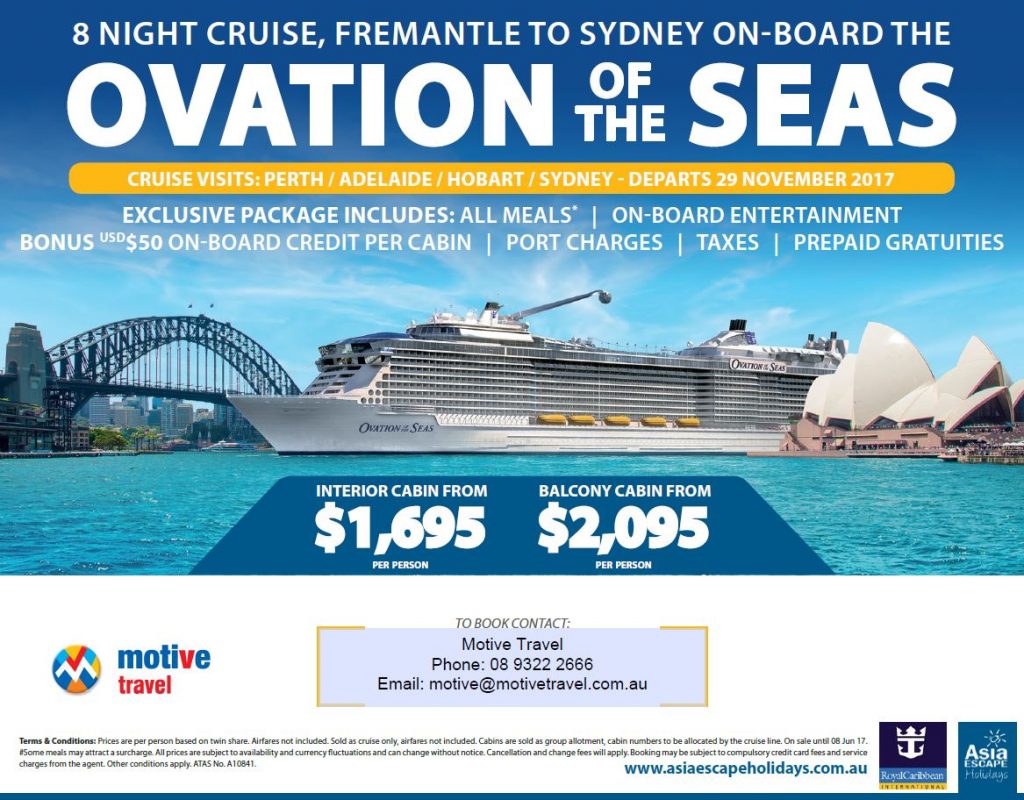 Asia Escape Holidays Royal Caribbean Ovation of the Seas Fremantle to Sydney May'17