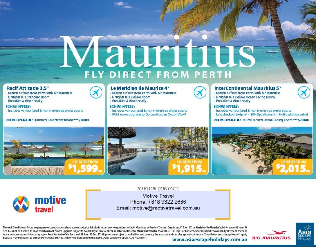 Asia Escape Holidays Mauritius Packages advertised 11Jun17