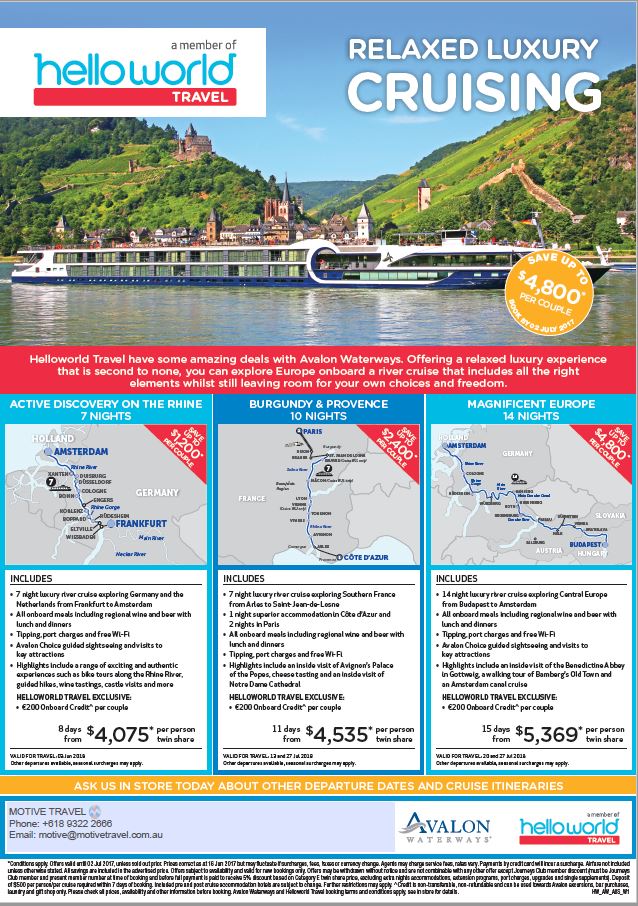 Helloworld Travel Avalon Waterways Europe Cruise special ends 2Jul'17