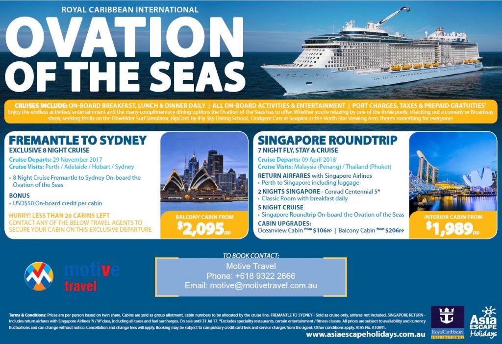 Asia Escape Holidays Ovation Fremantle and Singapore ends 31Jul'17