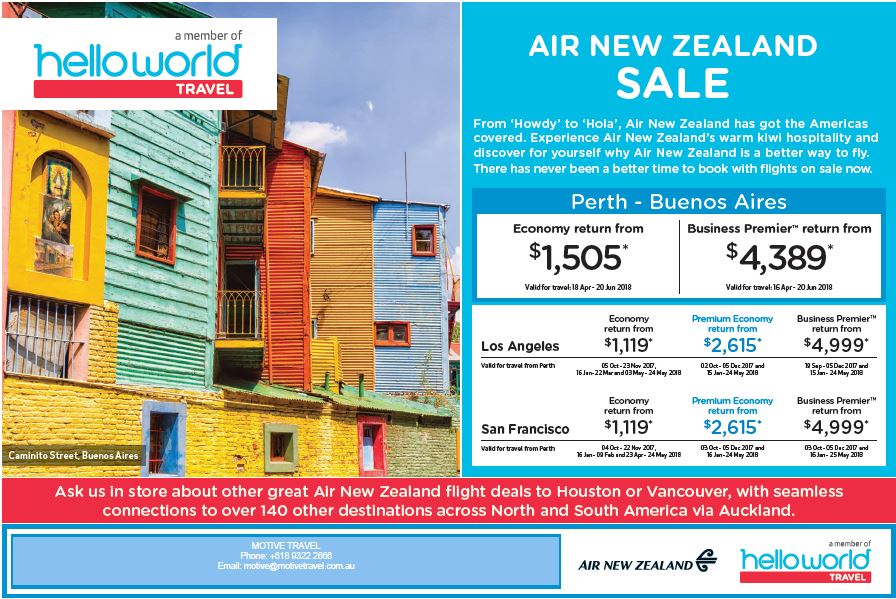 Helloworld Travel Air New Zealand Discover the Americas sale ends 17Sep17