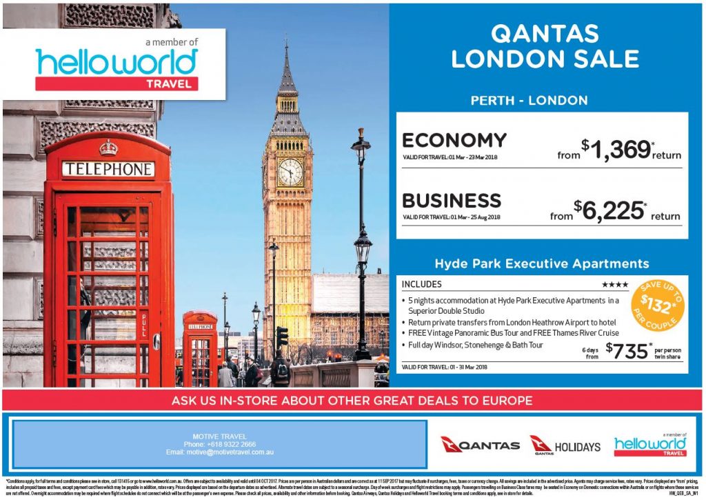 Helloworld Qantas London sale ends 4Oct17