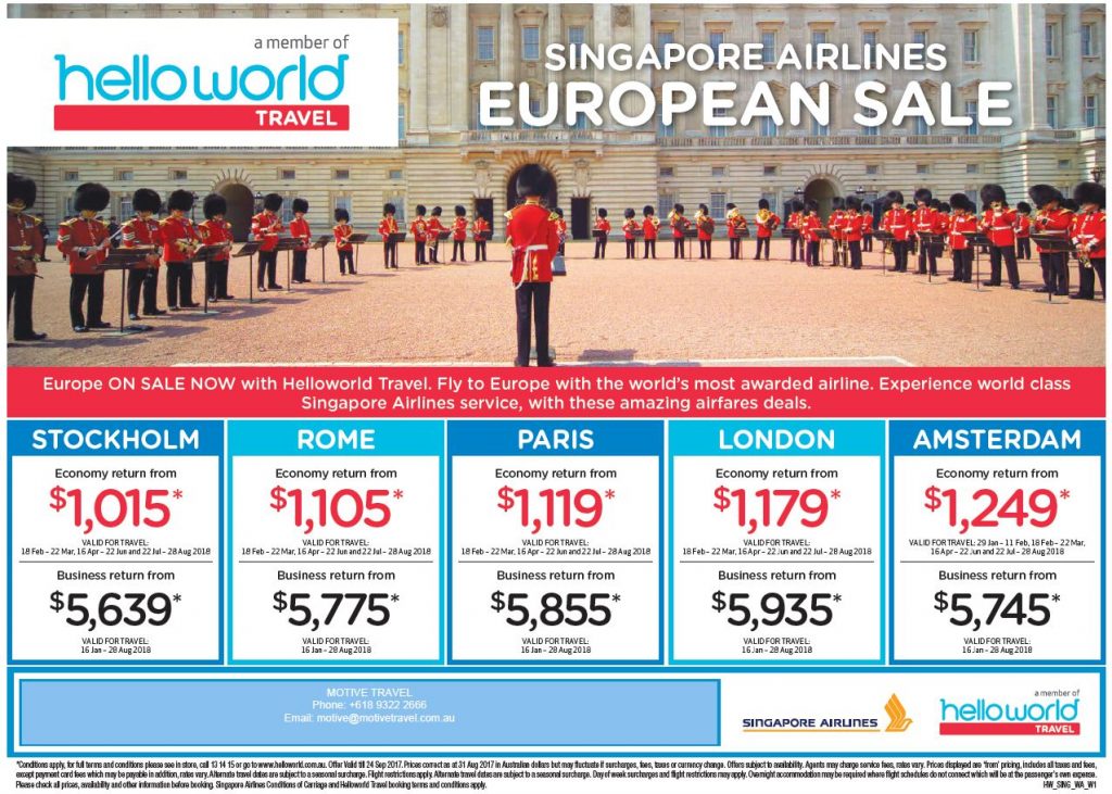 Helloworld Singapore Airlines Europe sale ends 24Sep17