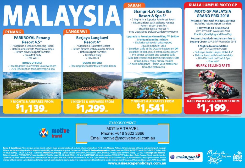Asia Escape Holidays Malaysia Packages including Moto GP 2018