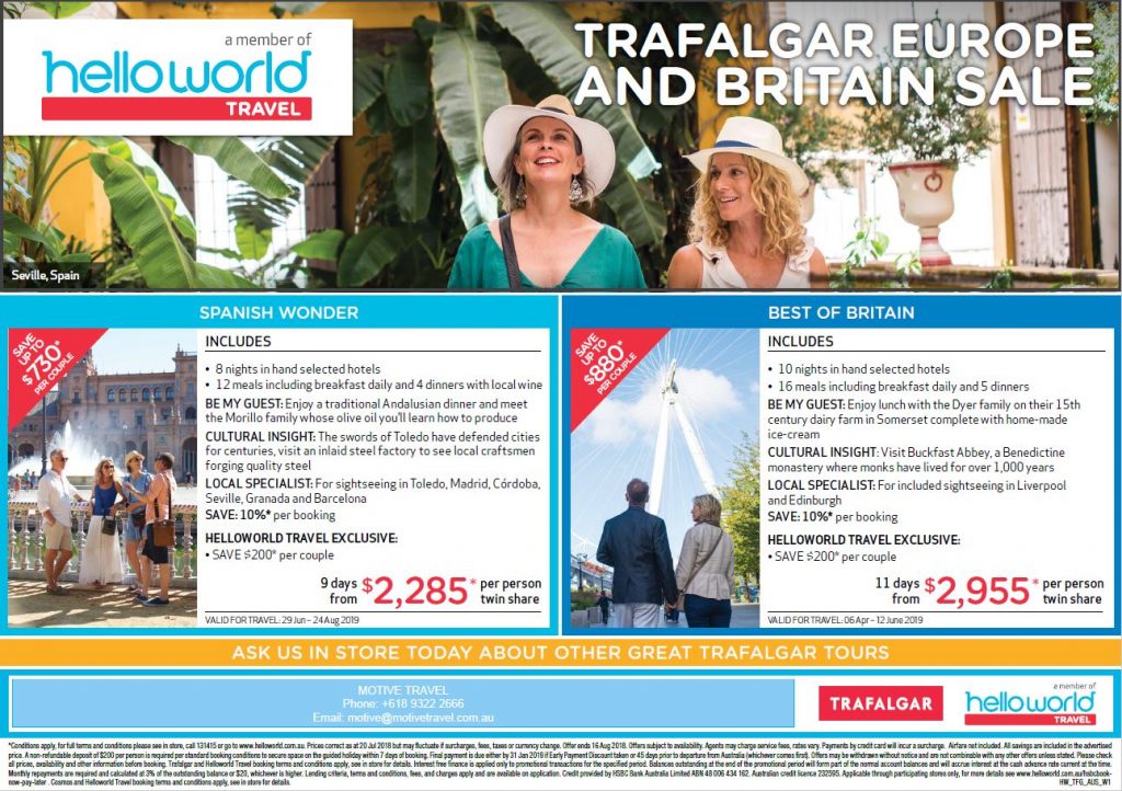 Helloworld Travel Trafalgar Europe and Britain sale end 16Aug'18