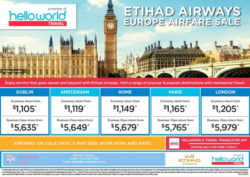 Helloworld Etihad Airways sales ends 11May18