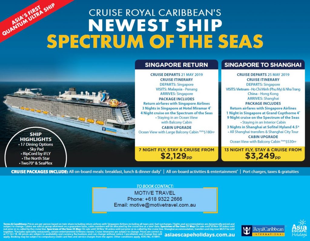 Asia Escape Holidays Spectrum of the Seas fly stay cruise deals
