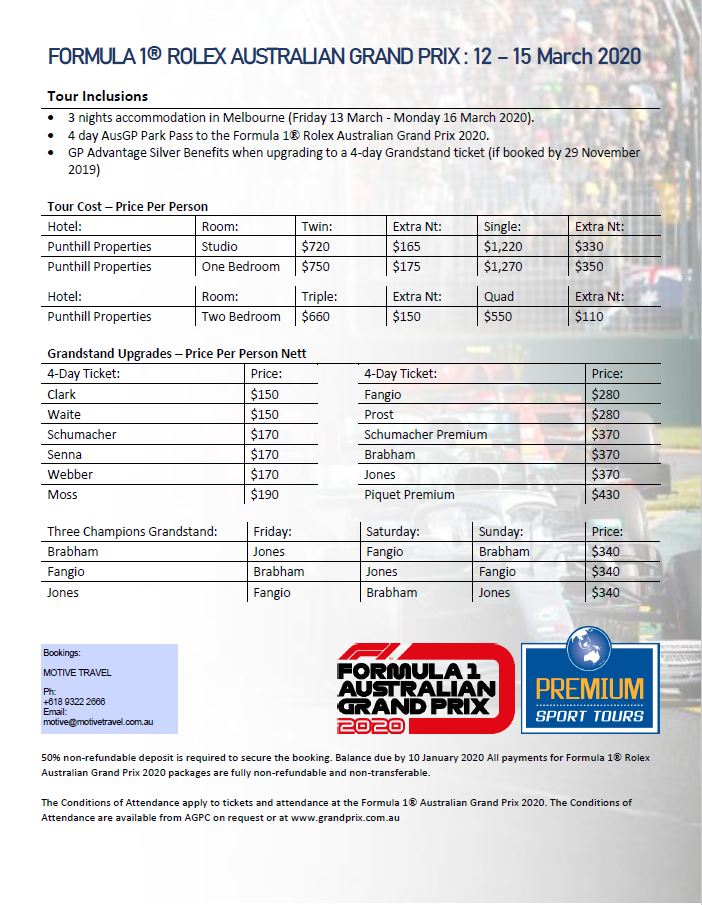 Premium Sport Tours 2020 Australian Grand Prix flyer