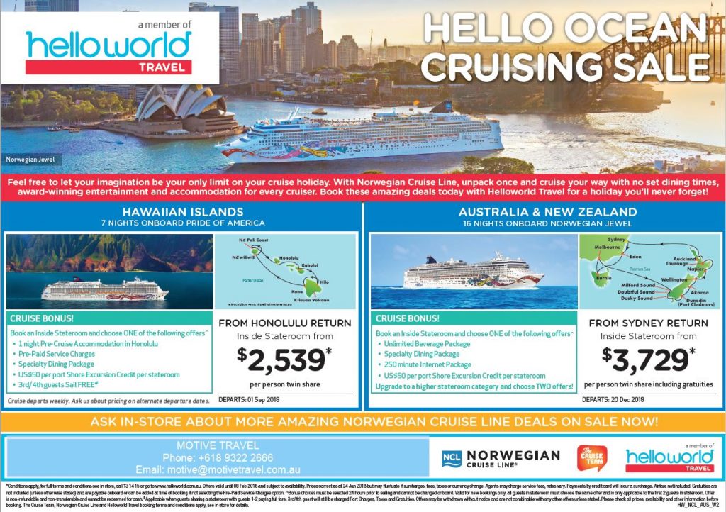 Helloworld Norwegian Cruise Line Hawaii or Australia New Zealand offer