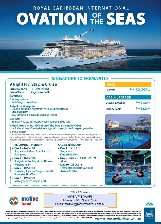 Asia Escape Holidays Ovation of the Seas Singapore to Fremantle Oct18