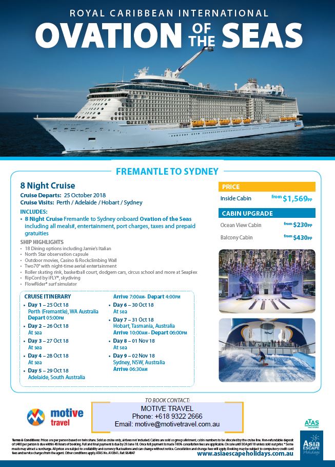 Asia Escape Holidays Ovation of the Seas Fremantle to Sydney Oct18