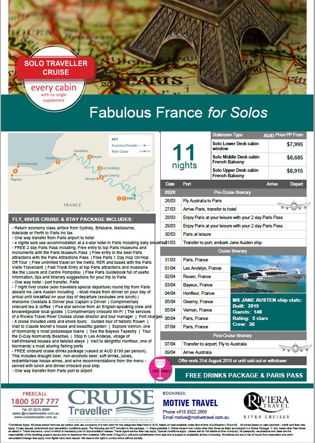 Cruise Traveller Riviera Travel France for Solos Cruise offer