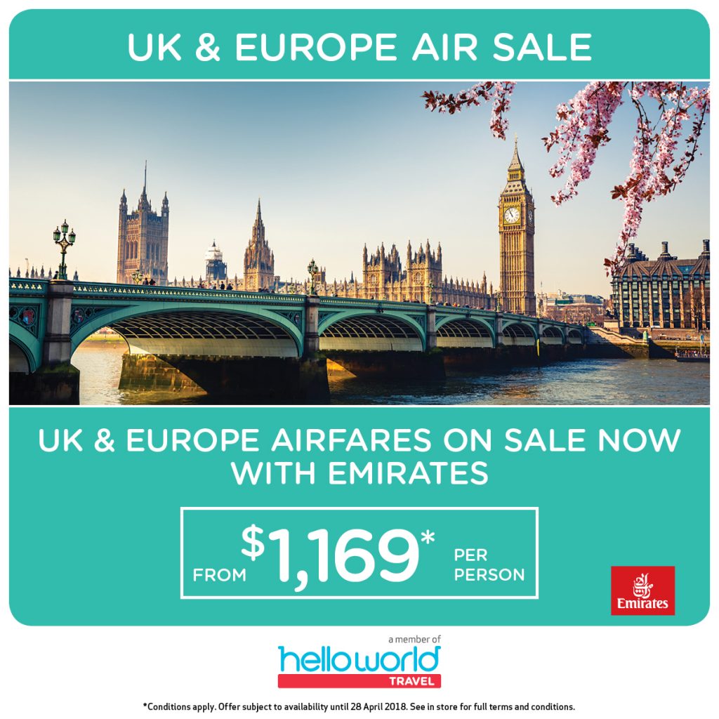Helloworld Emirates UK & Europe on Sale ends 30Apr18