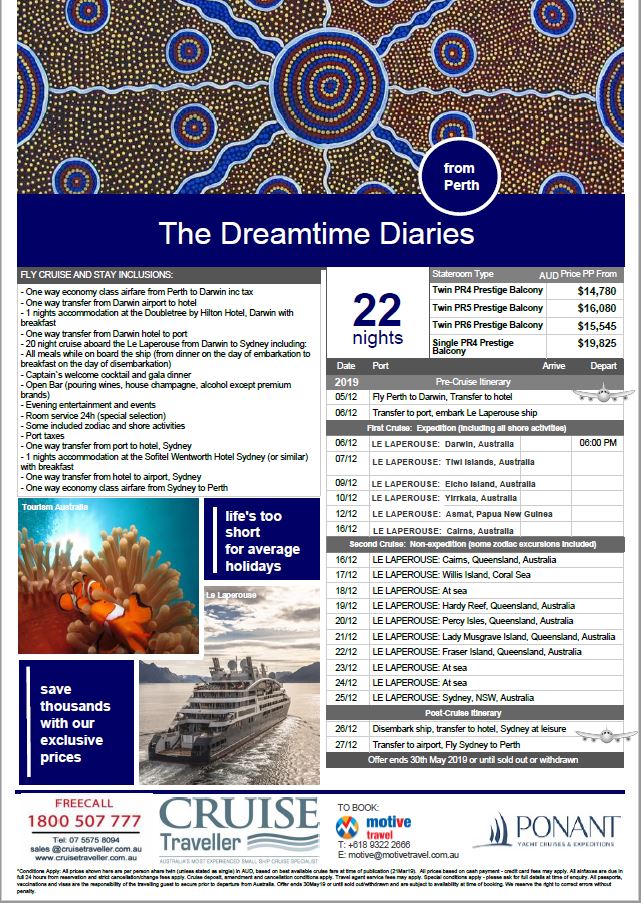 Cruise Traveller Ponant Dreamtime Diaries fly-stay-cruise package