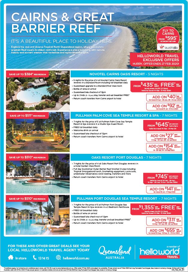 Helloworld Cairns and Great Barrier Reef deals flyer