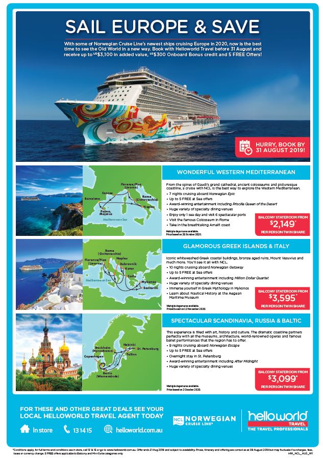 Helloworld Travel Norwegian Cruise Line Sail Europe and Save flyer