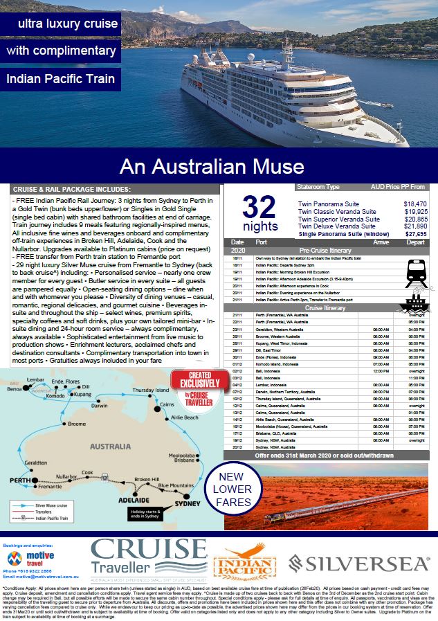 Cruise Traveller Silversea Cruises An Australian Muse 32 night cruise and rail package flyer