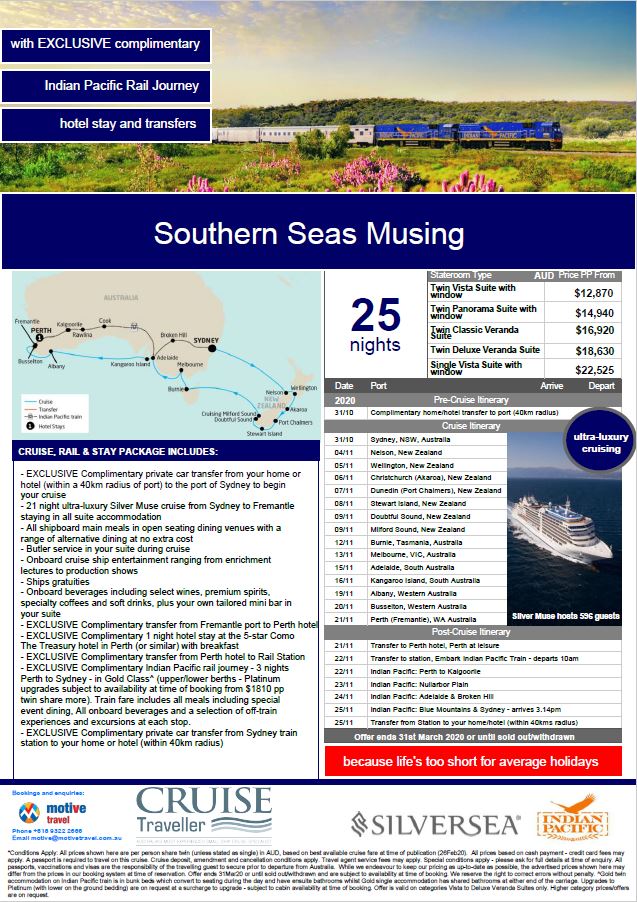 Cruise Traveller Silversea Cruises Southern Seas Musing 25 night cruise and rail package flyer