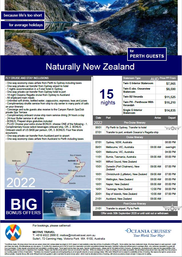 Oceania Cruises Naturally New Zealand Fly Cruise Stay Package